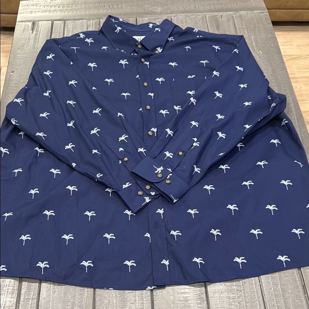 Blue and White Casual Button Down Shirt with Palm Tree Print